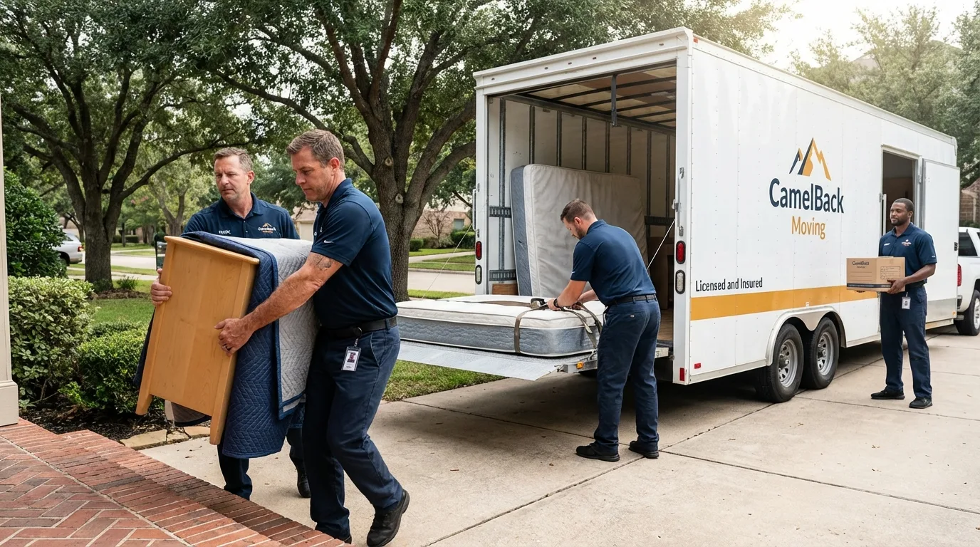 Crew loading residential truck for cross-state move from Liberty, TX