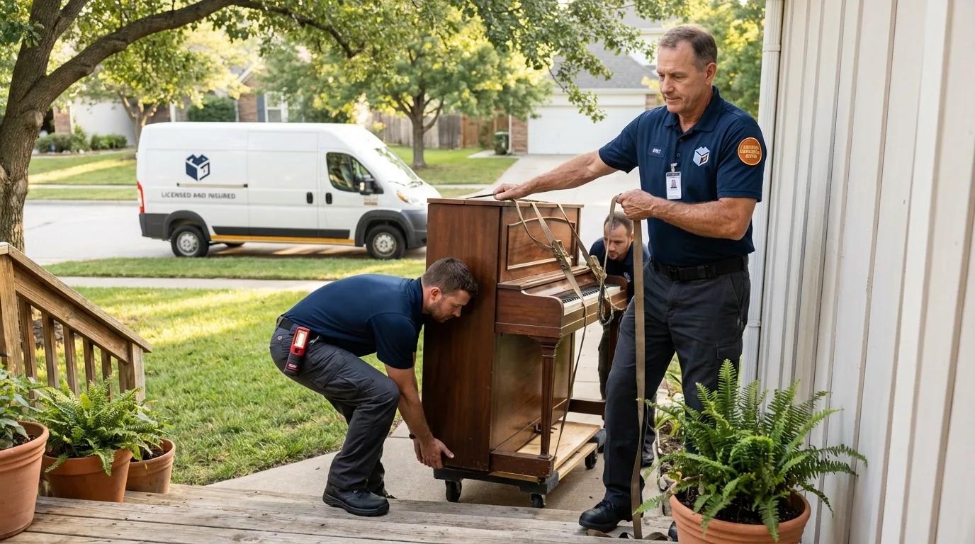 Licensed piano movers securing grand piano in Liberty, TX