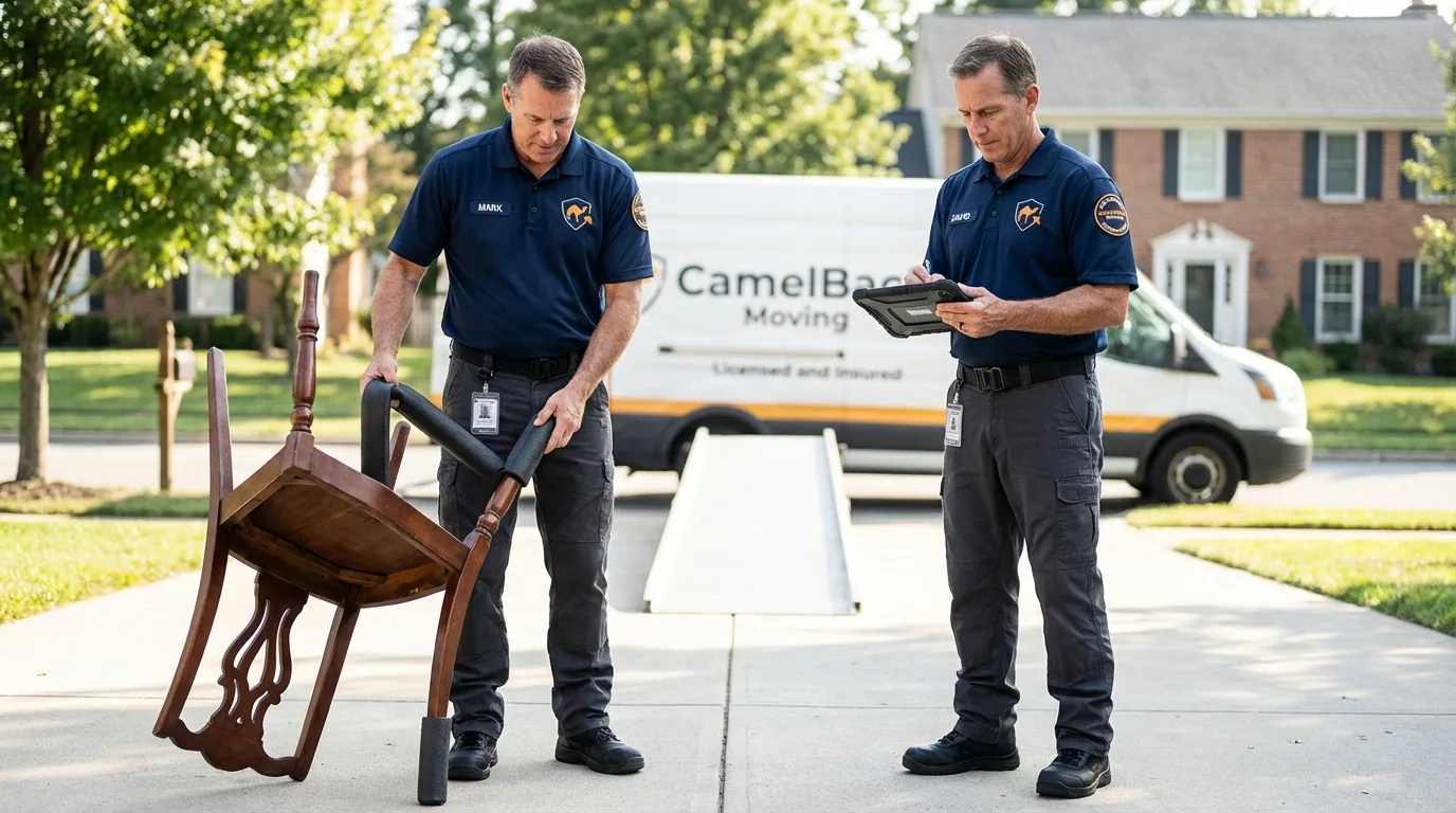 Movers inspecting furniture for damage prevention before loading in Liberty, TX