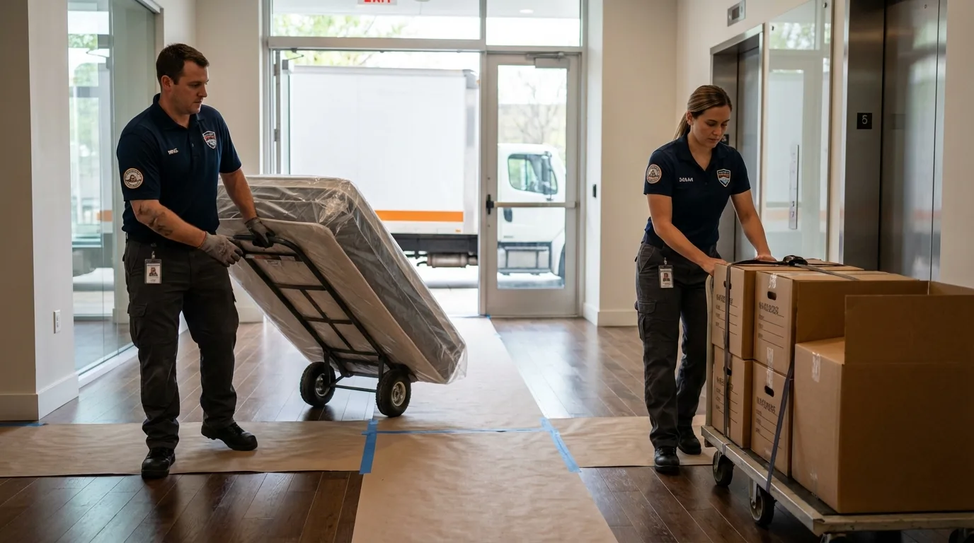 Professional apartment movers loading elevator in Liberty, TX