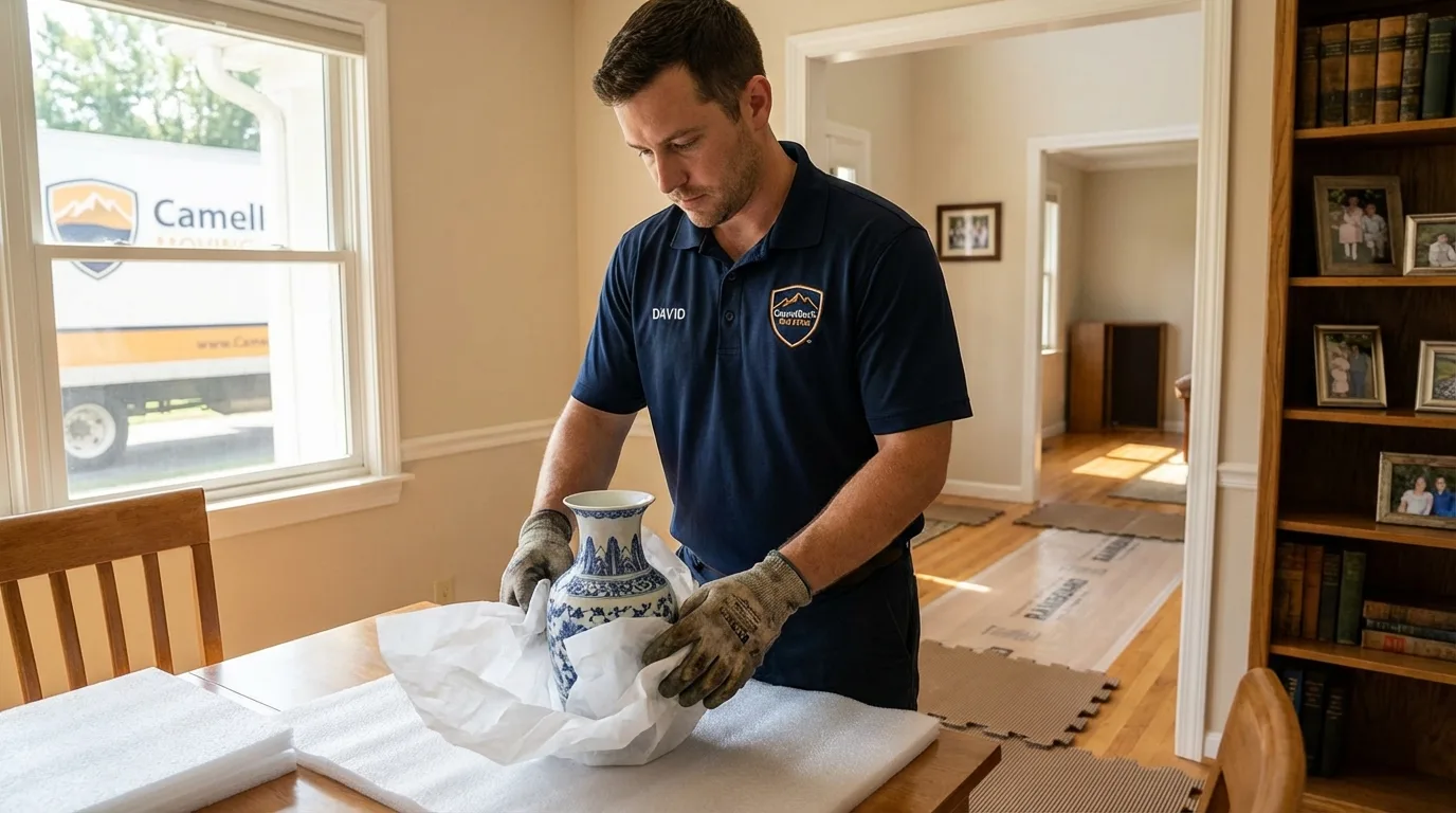 Professional crew carefully wrapping antique vase for senior downsizing move in Liberty, TX